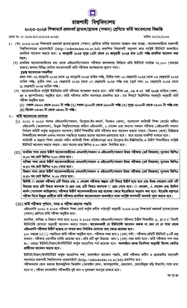 Rajshahi University Admission Circular